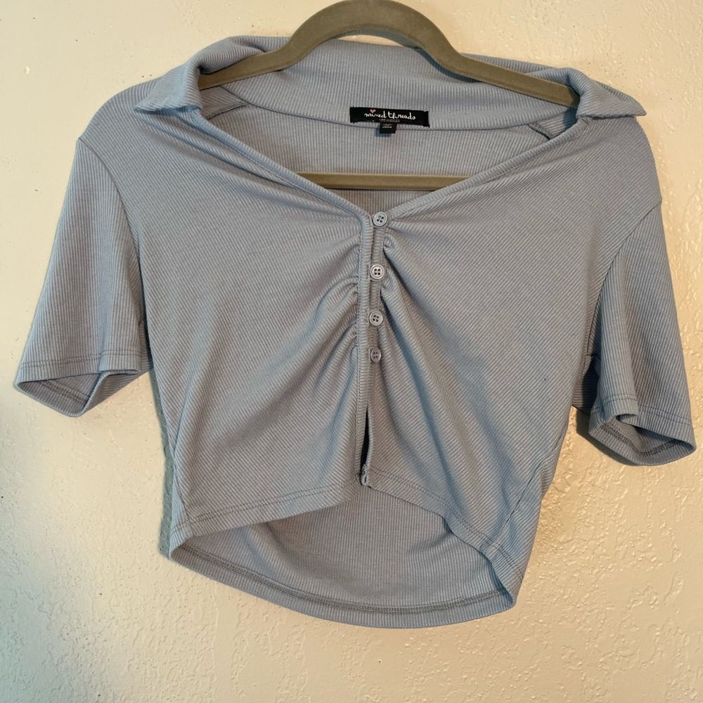 Mixed Threads Blue Crop Top Button Down Polo Top Short Sleeve Collared SZ M